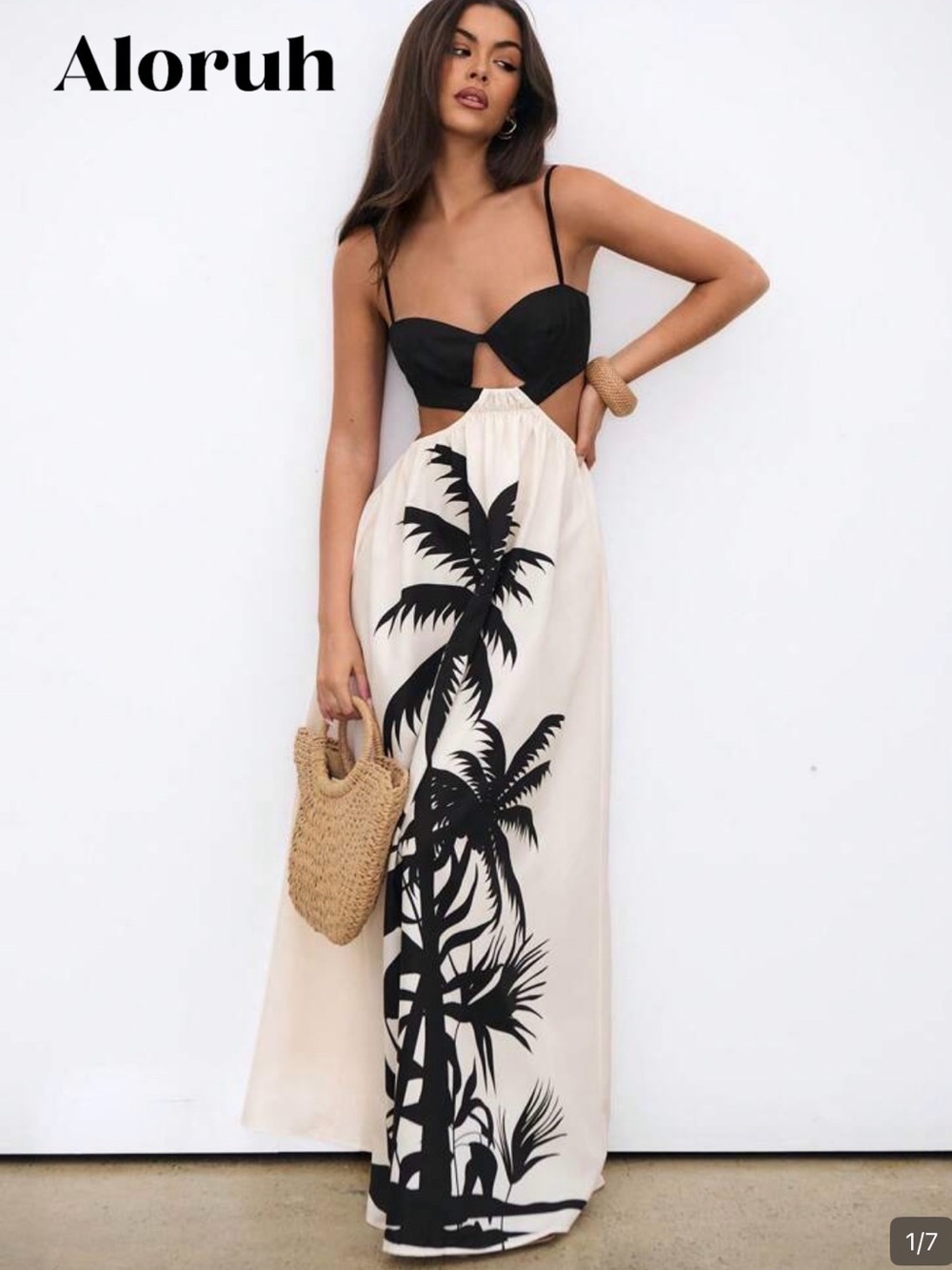 Aloruh Black & Cream Palm-Print Cutout Maxi Dress